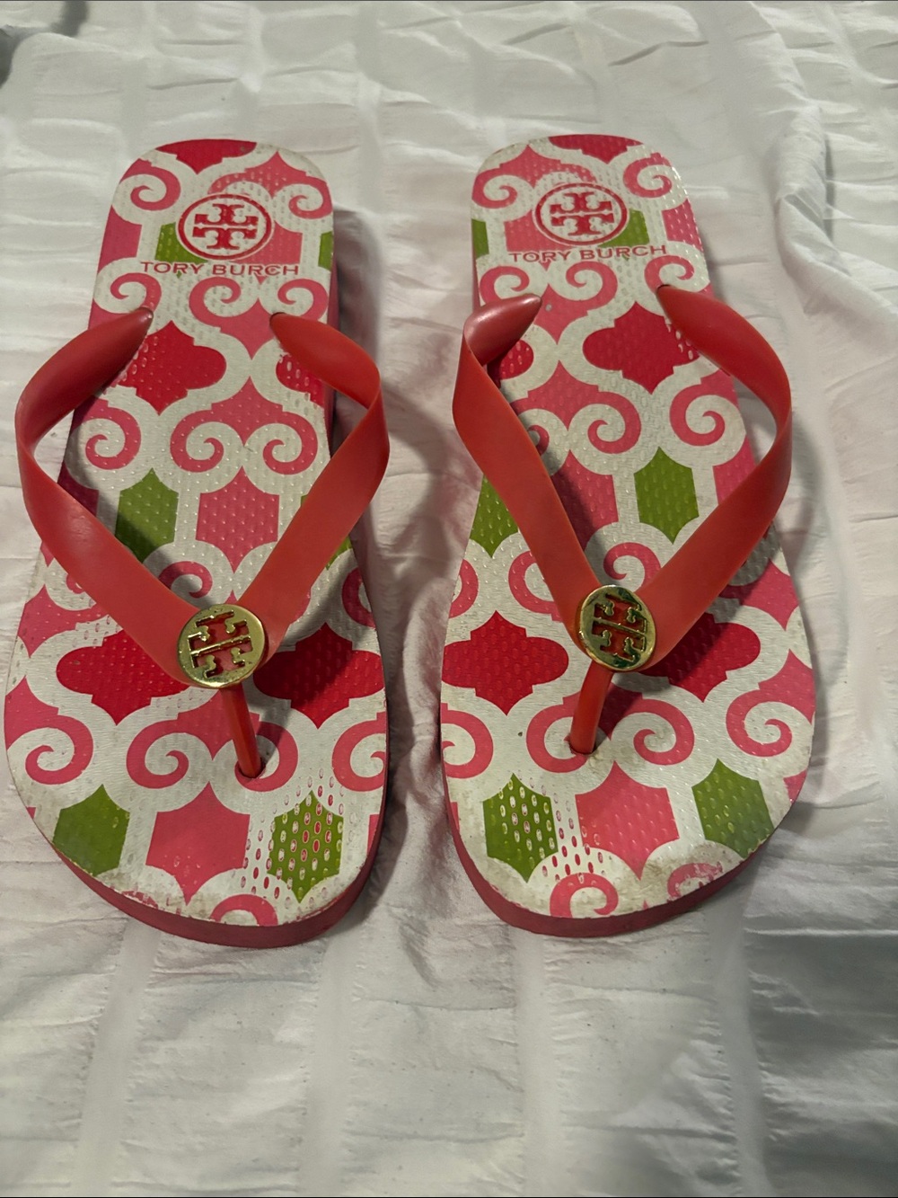 Tory Burch Coral Pink and Green Patterned Logo Flip Flop Sandals